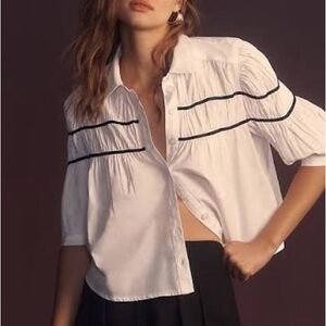 Maeve White Button Down Shirt with Black Trim